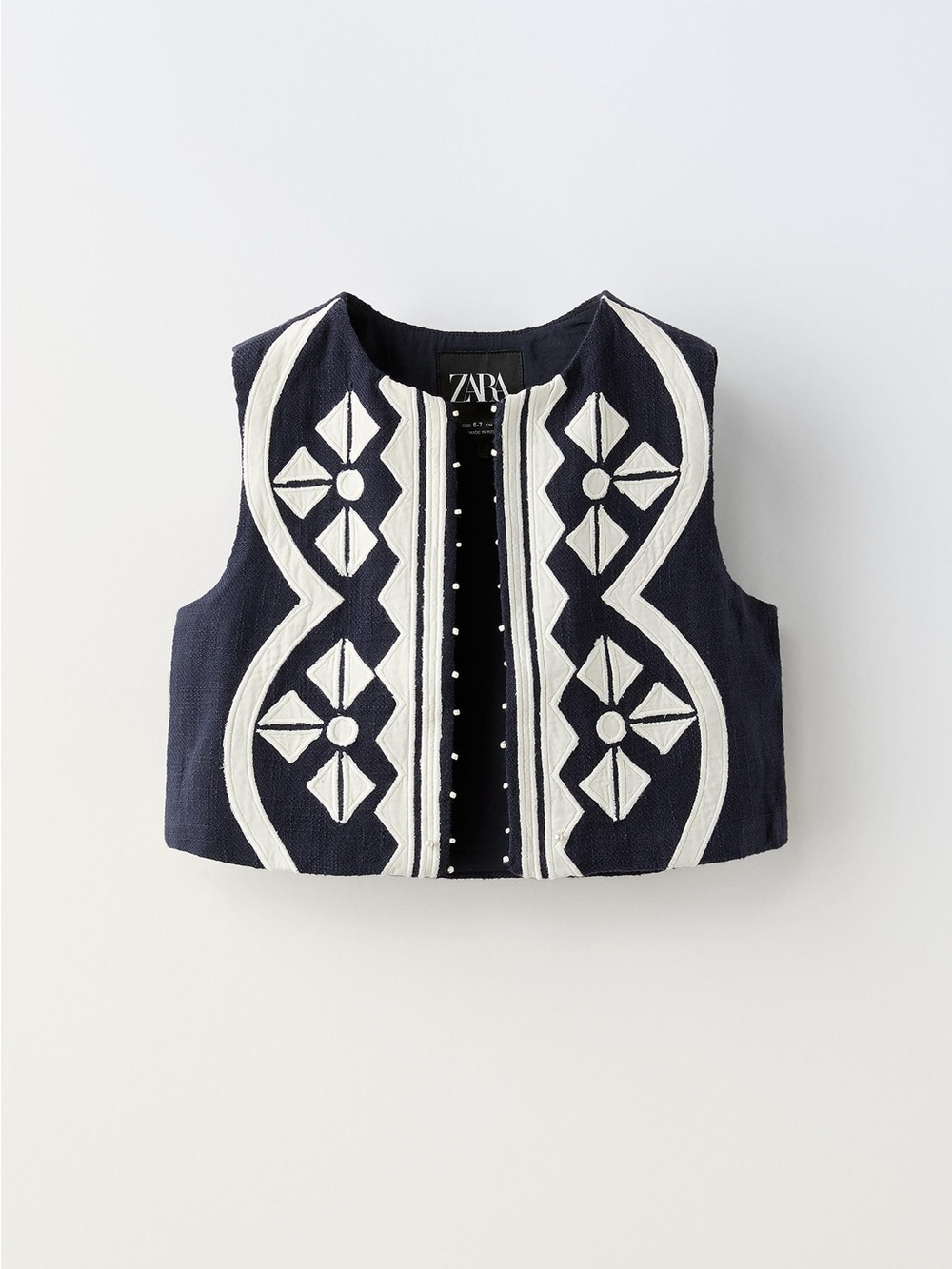 Zara Navy Vest with White Embroidered Geometric Trim